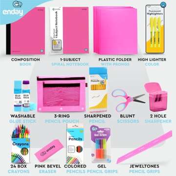 Enday Back to School Supplies for Kids, Pink School Supply Box Grades K-5, Premium Quality Kids School Supplies Kit, Kindergarten School Supplies for Girls and Boys, 71 Piece Set