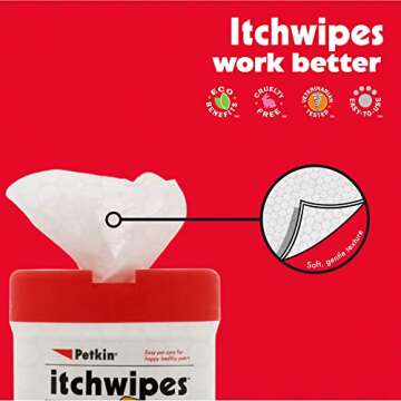 Petkin Anti Itch Wipes for Dogs and Cats - Soothes Hot Spots, Skin Irritations and Scratching - Bitter Taste Stops Licking and Chewing - Super Convenient, Ideal for Home or Travel - 30 Wipes