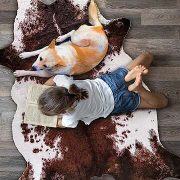 Faux Fur Cowhide Rug 6.2 x 8.3 ft, Cow Print Area Rug Cute Animal Printed Carpets for Bedroom Living Room Rustic Western Home Decor, No Shedding and Easy to Clean