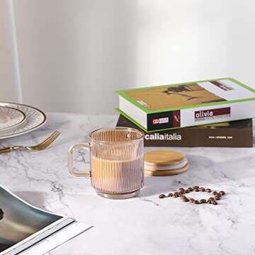 Joeyan Amber Glass Coffee Mugs Set of 2-11.5 oz Striped Coffee cups with Lid - Large Drinking Glasse...