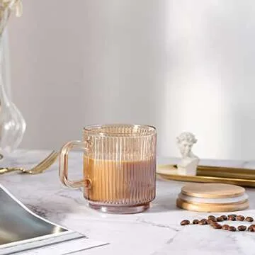 Joeyan Amber Glass Coffee Mugs Set of 2-11.5 oz Striped Coffee cups with Lid - Large Drinking Glasses with Handle for Latte, Coffee, Tea, Milk, Juice