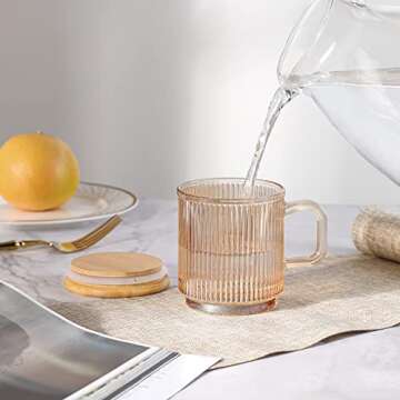 Joeyan Amber Glass Coffee Mugs Set of 2-11.5 oz Striped Coffee cups with Lid - Large Drinking Glasses with Handle for Latte, Coffee, Tea, Milk, Juice