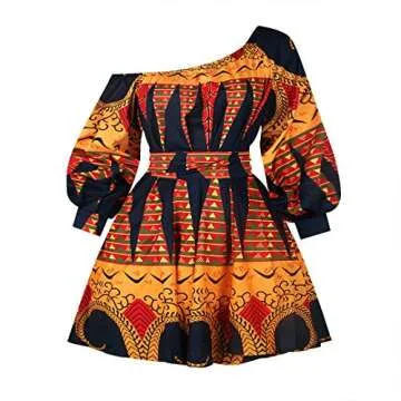Haoohu Womens Boho African Style Floral Print Pleated Mini Swing Short Dress Top for Casual Club Party