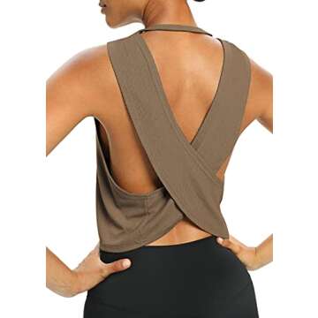 Bestisun Workout Tops for Women Yoga Athletic Gym Clothing Open Back Sports Pilates Clothes Brown S