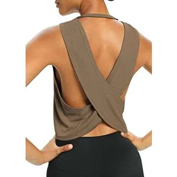 Bestisun Workout Tops for Women Yoga Athletic Gym Clothing Open Back Sports Pilates Clothes Brown S