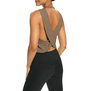 Bestisun Workout Tops for Women Yoga Athletic Gym Clothing Open Back Sports Pilates Clothes Brown S