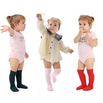 EPEIUS Baby Girls Uniform Knee High Socks Newborn Infant Boy Tube Ruffled Stockings Baby Long Socks for 1-6 Months,Black/True White/Bright Red/Baby Pink/Green