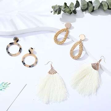 Hicarer 6 Pair Valentine's Day Rattan Earrings Straw Earrings for Women Tassel Woven Bohemian Earrin...
