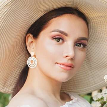 Hicarer 6 Pair Valentine's Day Rattan Earrings Straw Earrings for Women Tassel Woven Bohemian Earring Wicker Braid Hoop Drop Beach Earrings for Girls(Stylish Series)