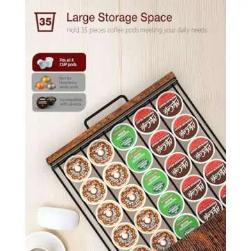 Evermagin Coffee Pod Drawer for K Cup, 35 Pods Holder Storage Organizer with Cup Rack, Sturdy Coffee Maker Stand for Countertop, Rustic Brown