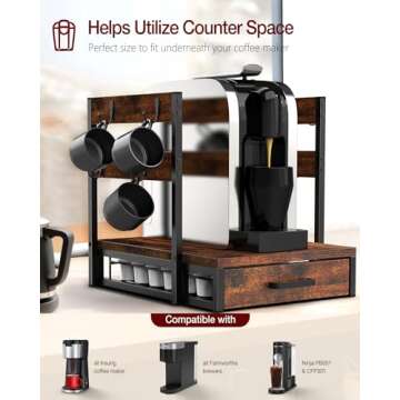 Evermagin Coffee Pod Drawer for K Cup, 35 Pods Holder Storage Organizer with Cup Rack, Sturdy Coffee Maker Stand for Countertop, Rustic Brown