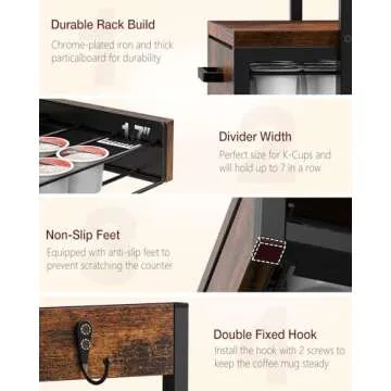 Evermagin Coffee Pod Drawer for K Cup, 35 Pods Holder Storage Organizer with Cup Rack, Sturdy Coffee Maker Stand for Countertop, Rustic Brown