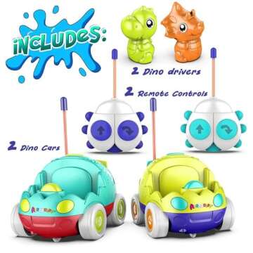 Remote Control Car for Toddlers, Toddler Toys for 18+Months RC Cars with LED Lights & Music, Dinosaur Toys for Kids 2 3 4 5 Years Old, Birthday Gifts Toys for 3+ Year Old Girls Boys Toys-2 Pack