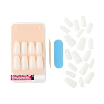 KISS Salon Acrylic Press On Nails, Nail glue included, 'Strong Enough', White, Long Size, Coffin Shape, Includes 28 Nails, 2g Glue, 1 Manicure Stick, 1 Mini File