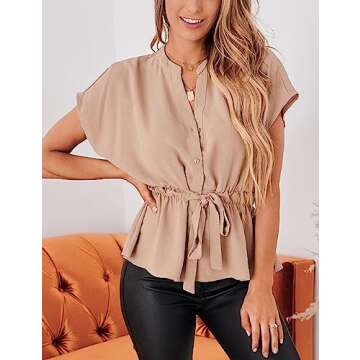 Womens Button Down Blouses Casual Peplum Summer Tops Dressy Chiffon Work Blouse Apricot