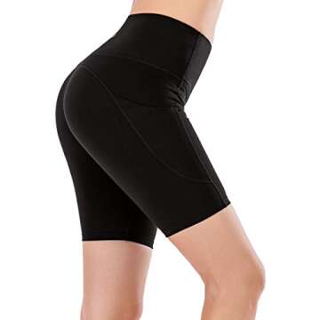 Lianshp High Waist Yoga Shorts for Women Tummy Control Athletic Workout Running Shorts with 3 Pockets 8" Black S