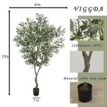 VIGGDA Artificial Tree Faux Olive Tree 7ft (82in,UV Protection 2289 Leaves) Tall Fake Olive Plant in Pot Fake Silk Tree Faux Plants Indoor