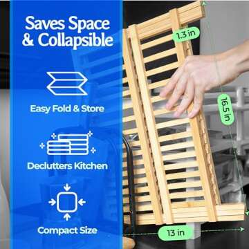 gohyl Kitchen Dish Drying Rack for Counter - Bamboo Wooden Collapsible Dishes 2 Tier Small Strainer Dishrack