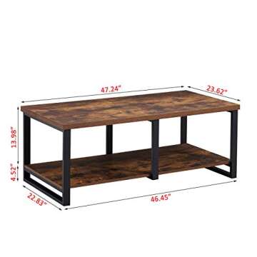 MHAOSEHU Industrial Coffee Table for Living Room, Sturdy Wood and Metal Cocktail Table with Open Storage Shelf, 47 inch Rustic Brown…