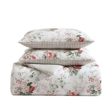 Laura Ashley - King Comforter Set, Reversible Brushed Cotton Flannel Bedding with Matching Shams, Luxuriously Soft & Warm Home Decor (Ashfield Red, King)