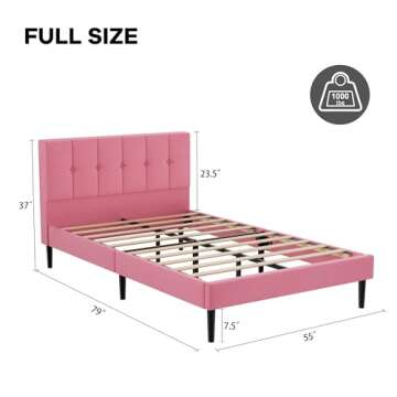UNIZONE Full Size Bed Frame with Button Tufted Headboard, Velvet Upholstered Platform Bed Frame, Mat...