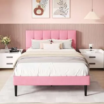 UNIZONE Full Size Bed Frame with Button Tufted Headboard, Velvet Upholstered Platform Bed Frame, Mattress Foundation with Wooden Slat Support, Noise Free, No Box Spring Needed, Easy Assembly, Pink
