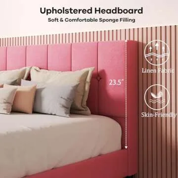 UNIZONE Full Size Bed Frame with Button Tufted Headboard, Velvet Upholstered Platform Bed Frame, Mattress Foundation with Wooden Slat Support, Noise Free, No Box Spring Needed, Easy Assembly, Pink