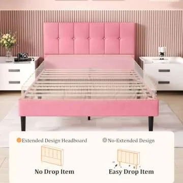 UNIZONE Full Size Bed Frame with Button Tufted Headboard, Velvet Upholstered Platform Bed Frame, Mattress Foundation with Wooden Slat Support, Noise Free, No Box Spring Needed, Easy Assembly, Pink