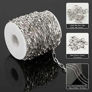 YOUBEIYEE 32.8 Feet Aluminum Flat Oval Silver Chains for Jewelry Making Unwelded Paperclip Link Cabl...