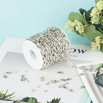 YOUBEIYEE 32.8 Feet Aluminum Flat Oval Silver Chains for Jewelry Making Unwelded Paperclip Link Cable Chain Spool Necklace Chains Bulk with Lobster Clasps and Jump Rings