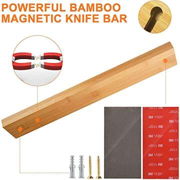 16 Inch Bamboo Magnetic Knife Strip Powerful Adhesive Wood Magnetic Knife Holder No Drill Bamboo Kitchen Knife Bar Wall Mounted Magnetic Knife Rack for Home Kitchen Utensil Tool Holder