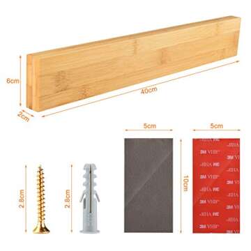 16 Inch Bamboo Magnetic Knife Strip Powerful Adhesive Wood Magnetic Knife Holder No Drill Bamboo Kitchen Knife Bar Wall Mounted Magnetic Knife Rack for Home Kitchen Utensil Tool Holder