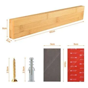 16 Inch Bamboo Magnetic Knife Strip Powerful Adhesive Wood Magnetic Knife Holder No Drill Bamboo Kitchen Knife Bar Wall Mounted Magnetic Knife Rack for Home Kitchen Utensil Tool Holder