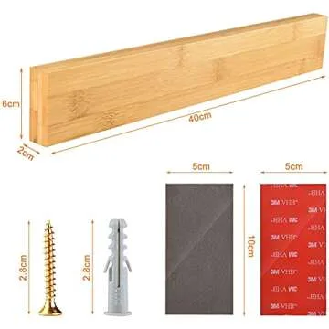 16 Inch Bamboo Magnetic Knife Strip Powerful Adhesive Wood Magnetic Knife Holder No Drill Bamboo Kitchen Knife Bar Wall Mounted Magnetic Knife Rack for Home Kitchen Utensil Tool Holder