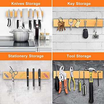 16 Inch Bamboo Magnetic Knife Strip Powerful Adhesive Wood Magnetic Knife Holder No Drill Bamboo Kitchen Knife Bar Wall Mounted Magnetic Knife Rack for Home Kitchen Utensil Tool Holder