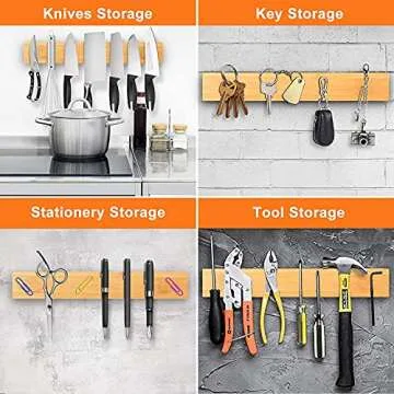16 Inch Bamboo Magnetic Knife Strip Powerful Adhesive Wood Magnetic Knife Holder No Drill Bamboo Kitchen Knife Bar Wall Mounted Magnetic Knife Rack for Home Kitchen Utensil Tool Holder