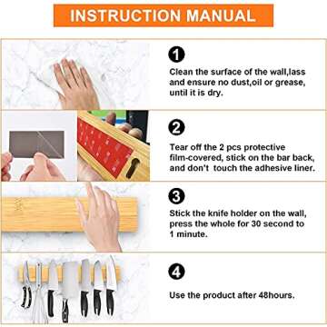 16 Inch Bamboo Magnetic Knife Strip Powerful Adhesive Wood Magnetic Knife Holder No Drill Bamboo Kitchen Knife Bar Wall Mounted Magnetic Knife Rack for Home Kitchen Utensil Tool Holder