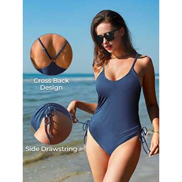 Summer Mae Women's High Cut One Piece Swimsuit Ruched Tummy Control Monokini Ribbed Tie Side Bikini Blue Haze X-Large