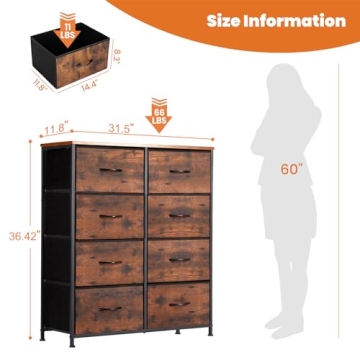 Sweetcrispy Dresser for Bedroom with 8 Fabric Drawers, Tall Chest Storage Tower, Organizer Units for Clothing Closet, Kidsroom Furniture, Steel Frame, Wood Top, Lightweight Quick Assemble Cabinet