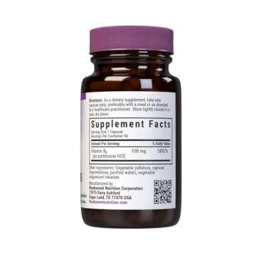 BlueBonnet Nutrition Vitamin B6 Vegetable Capsules, 100 mg, for Cardiovascular and Nervous System He...