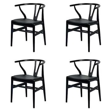 Forsho Set of 2 Solid Wood Wishbone Dining Chair with PU Soft Seat Cushion,Mid-Century Y Back Weave Dining Chair（Ash Wood - Black + Cushion）