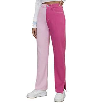 LONGBIDA Baggy Jeans for Women High Waisted Stretch Wide Leg Straight Denim Jeans（Pink,S）