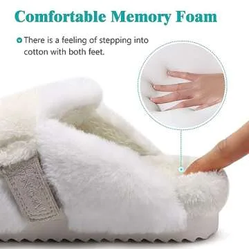 ONCAI Slippers for Women,Plush Faux Rabbit Fur Soft Cushion Fluffy Memory Foam Footbed Fashion Winter Warm Outdoor House Slippers Slip On Hard Rubber Soles White US Size 10