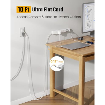 10Ft Extension Cord with Multiple Outlets, SUPERDANNY Flat Plug Surge Protector Power Strip 10 Ft Lo...