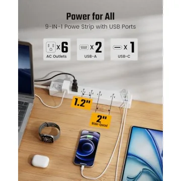 SUPERDANNY Flat Plug Surge Protector Power Strip with USB