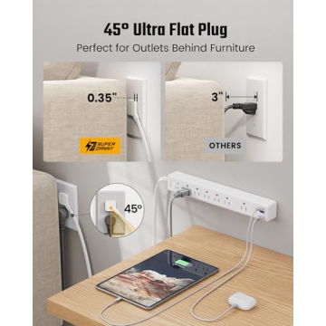 SUPERDANNY Flat Plug Surge Protector Power Strip with USB