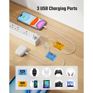 SUPERDANNY Flat Plug Surge Protector Power Strip with USB