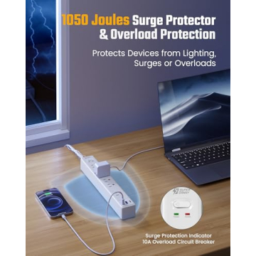 SUPERDANNY Flat Plug Surge Protector Power Strip with USB