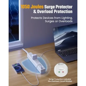 SUPERDANNY Flat Plug Surge Protector Power Strip with USB