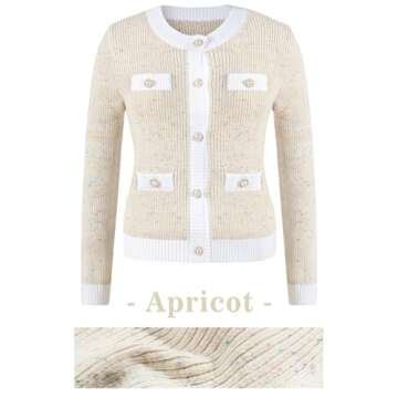 Langwyqu Womens Button Down Cropped Cardigan Sweaters Fall Trendy Long Sleeve Crew Neck Knitted Tweed Jacket Top Apricot
